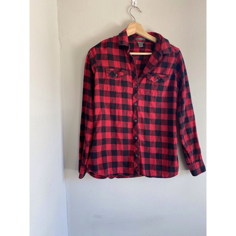 Eddie Bauer Women’s Red and black flannel plaid button-up shirt Size Small